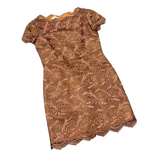 Rimini by Shaw bronze metallic embroidered short sleeve dress scalloped hems 8 - Picture 2 of 12